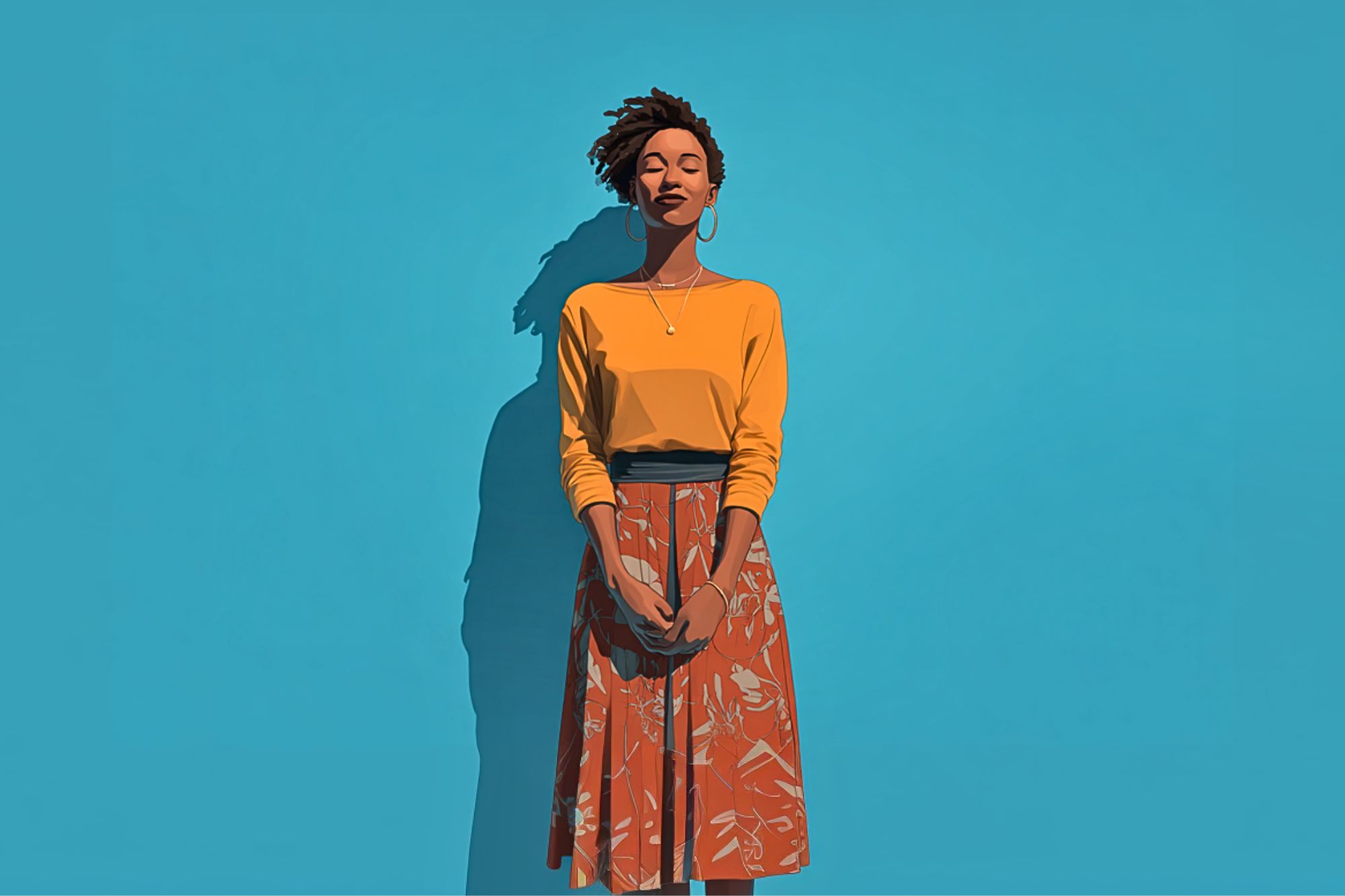 A woman stands against a bright blue background, eyes closed and smiling gently. She wears a yellow top, an orange patterned skirt, hoop earrings, and a necklace, with her hands loosely clasped in front of her.