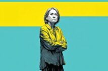 An illustrated older woman with short hair stands with arms crossed, wearing a yellow jacket. The background is teal with a bold horizontal yellow stripe behind her.