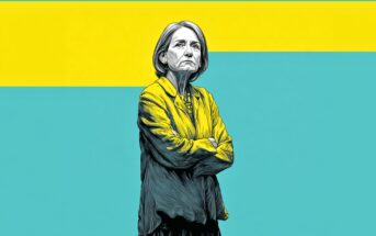 An illustrated older woman with short hair stands with arms crossed, wearing a yellow jacket. The background is teal with a bold horizontal yellow stripe behind her.