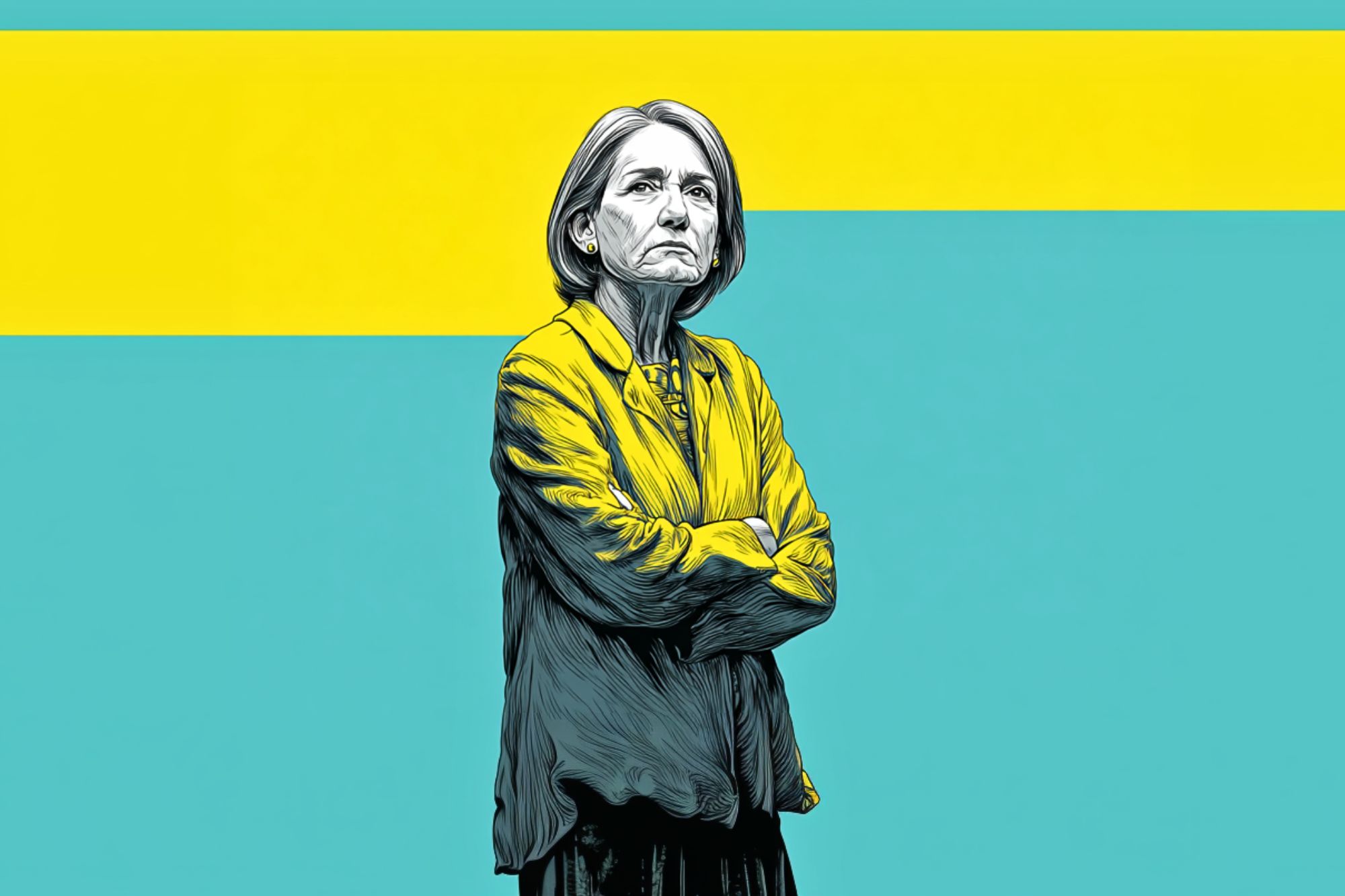 An illustrated older woman with short hair stands with arms crossed, wearing a yellow jacket. The background is teal with a bold horizontal yellow stripe behind her.