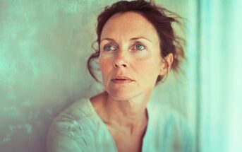 A woman with light skin and tousled brown hair looks upward thoughtfully. She wears a light-colored shirt and sits against a softly illuminated, textured background in cool tones.