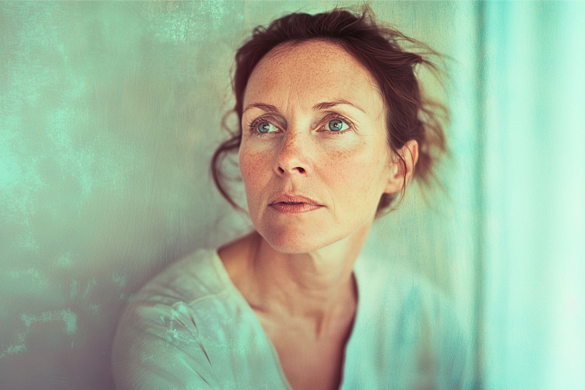 A woman with light skin and tousled brown hair looks upward thoughtfully. She wears a light-colored shirt and sits against a softly illuminated, textured background in cool tones.