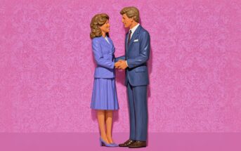A man and woman dressed in formal blue suits stand facing each other, holding hands and smiling, against a pink patterned background. The figures appear to be stylized or made of plastic.