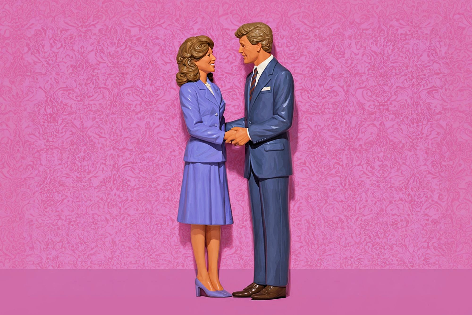 A man and woman dressed in formal blue suits stand facing each other, holding hands and smiling, against a pink patterned background. The figures appear to be stylized or made of plastic.