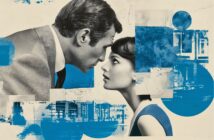 A man and woman in vintage clothing face each other closely, appearing emotional. The background features abstract blue shapes and cityscape elements, giving the image a modern, artistic feel.