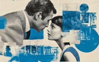 A man and woman in vintage clothing face each other closely, appearing emotional. The background features abstract blue shapes and cityscape elements, giving the image a modern, artistic feel.