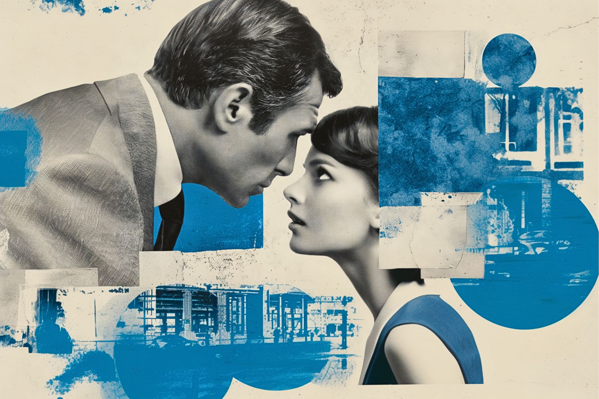 A man and woman in vintage clothing face each other closely, appearing emotional. The background features abstract blue shapes and cityscape elements, giving the image a modern, artistic feel.