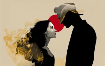 A stylized illustration of a woman and a man facing each other closely. The woman’s hair is detailed with golden waves, while the man wears a cap, both outlined in black with a red circle behind their heads.