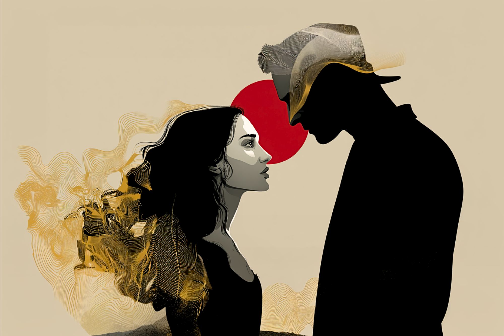 A stylized illustration of a woman and a man facing each other closely. The woman’s hair is detailed with golden waves, while the man wears a cap, both outlined in black with a red circle behind their heads.