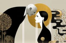A stylized illustration of an elderly man and a young woman touching foreheads. The man’s head shows brain patterns; abstract gold and black shapes surround them, symbolizing connections, memory, and the passage of time.