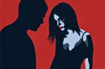 Stylized illustration of a man’s shadowed profile facing a woman with pale skin and red lips, looking down. The background is solid red, creating a dramatic, moody scene.