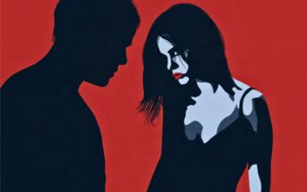 Stylized illustration of a man’s shadowed profile facing a woman with pale skin and red lips, looking down. The background is solid red, creating a dramatic, moody scene.