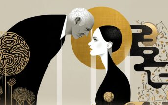 A stylized illustration of an elderly man and a young woman touching foreheads. The man’s head shows brain patterns; abstract gold and black shapes surround them, symbolizing connections, memory, and the passage of time.