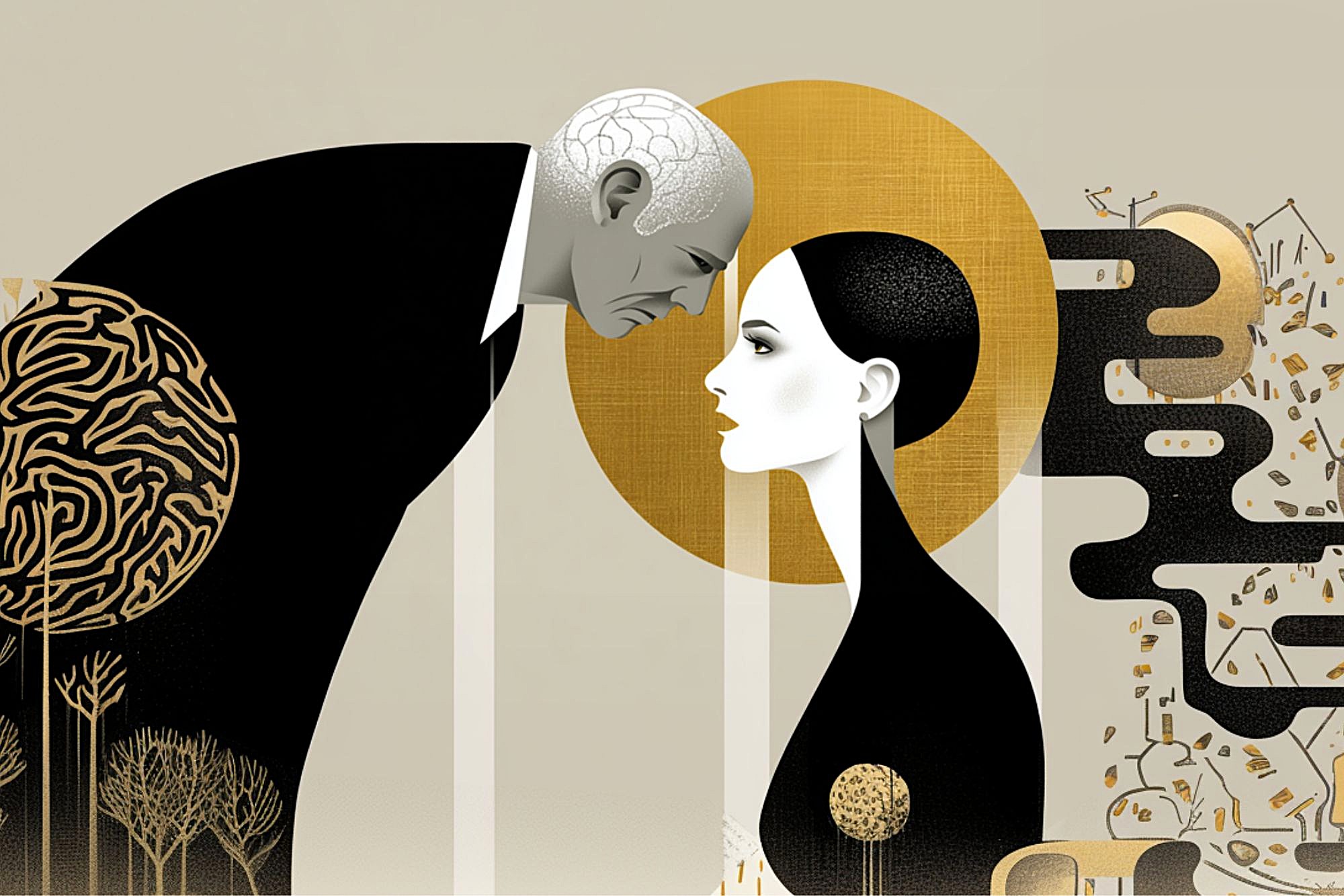A stylized illustration of an elderly man and a young woman touching foreheads. The man’s head shows brain patterns; abstract gold and black shapes surround them, symbolizing connections, memory, and the passage of time.