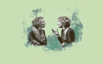 Two women with curly hair face each other, one crossing her arms and listening, while the other gestures as she speaks. The image has a painted effect with a green background.