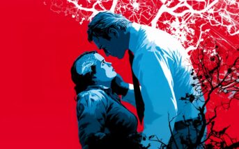 A stylized illustration of a man and woman facing each other closely, with the man gently holding the woman’s face. The background is bright red with white, abstract tree branches. The figures are shaded in blue tones.