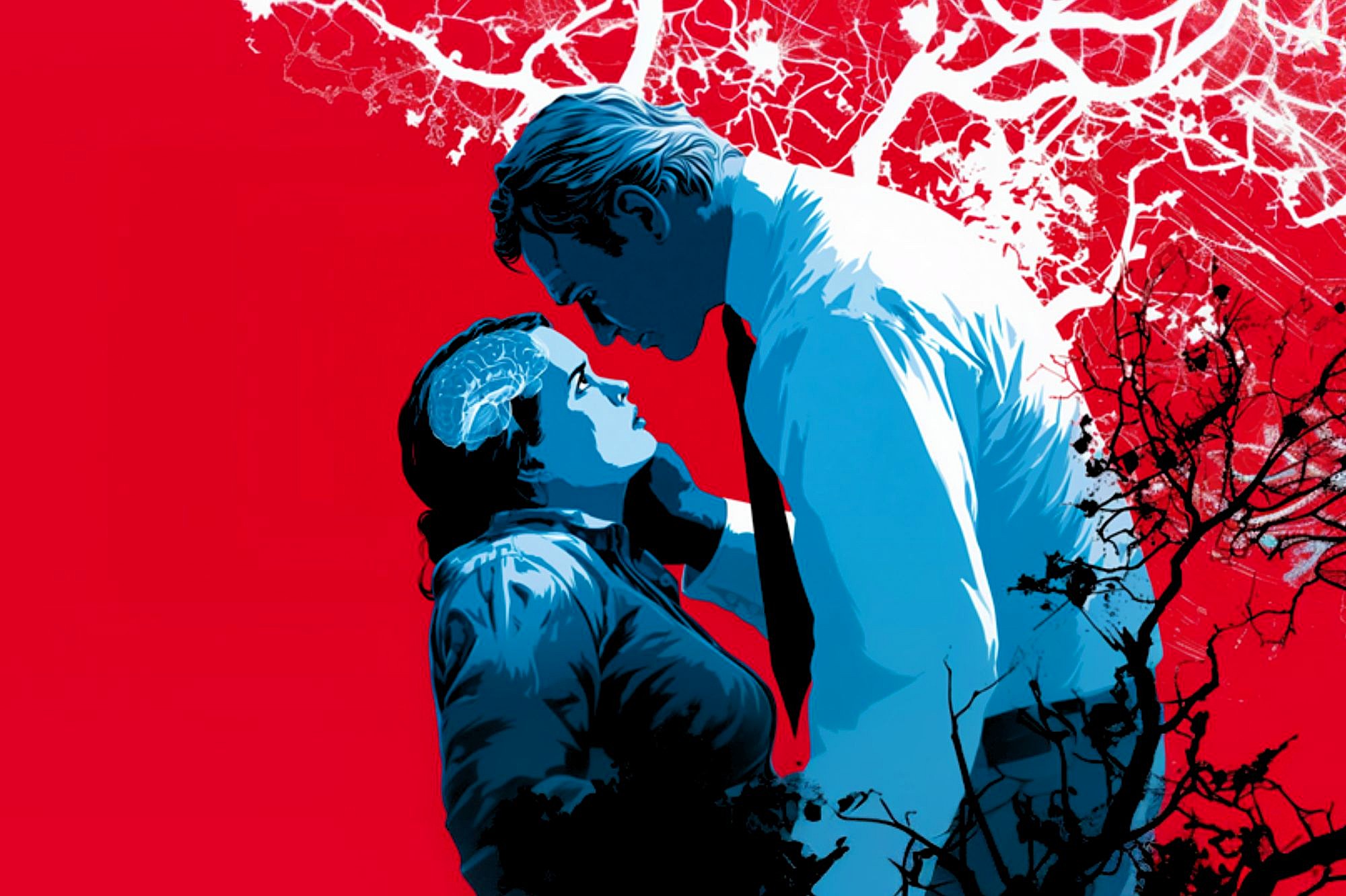 A stylized illustration of a man and woman facing each other closely, with the man gently holding the woman’s face. The background is bright red with white, abstract tree branches. The figures are shaded in blue tones.