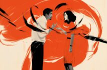 An illustrated man and woman argue, gesturing with their hands. Bold red and black brushstrokes swirl emotionally between them, emphasizing tension and conflict. The background is a pale beige.