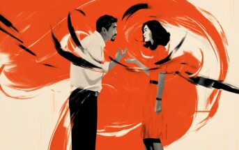 An illustrated man and woman argue, gesturing with their hands. Bold red and black brushstrokes swirl emotionally between them, emphasizing tension and conflict. The background is a pale beige.