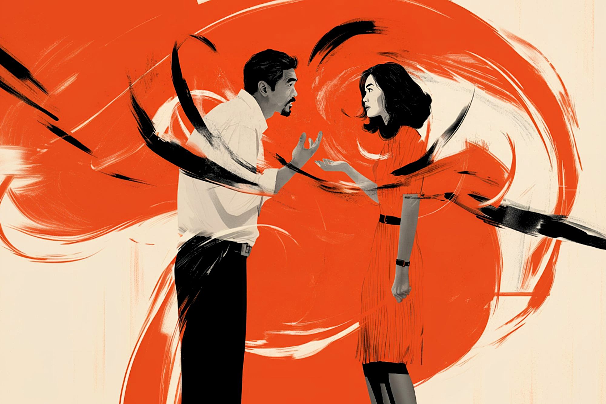 An illustrated man and woman argue, gesturing with their hands. Bold red and black brushstrokes swirl emotionally between them, emphasizing tension and conflict. The background is a pale beige.