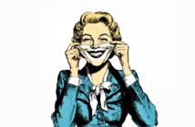 A woman in a blue suit and white scarf pulls a wide, exaggerated smile on her face with both hands, exposing her teeth. The image is drawn in a retro, comic-book style with a white background.