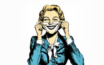 A woman in a blue suit and white scarf pulls a wide, exaggerated smile on her face with both hands, exposing her teeth. The image is drawn in a retro, comic-book style with a white background.