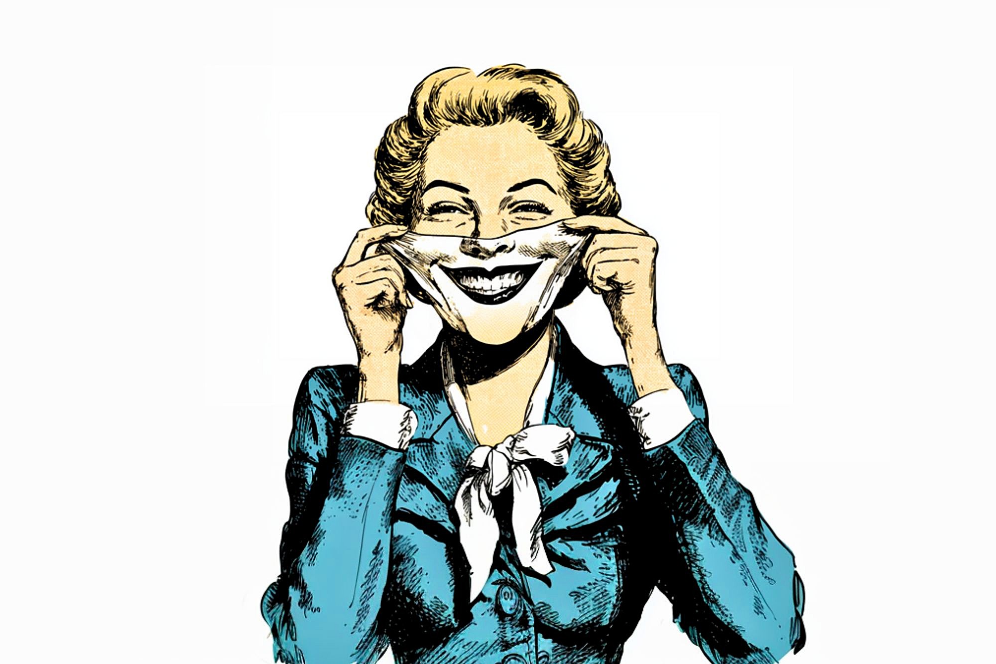 A woman in a blue suit and white scarf pulls a wide, exaggerated smile on her face with both hands, exposing her teeth. The image is drawn in a retro, comic-book style with a white background.