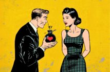 A man in a suit presents a round bottle with a red heart to a woman in a patterned dress. The scene is illustrated in a retro pop art style with a bright yellow dotted background.