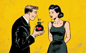 A man in a suit presents a round bottle with a red heart to a woman in a patterned dress. The scene is illustrated in a retro pop art style with a bright yellow dotted background.