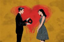 An illustrated man in a suit offers a heart-shaped box to a woman in a dress; a large red heart is painted in the background, symbolizing love or romance.