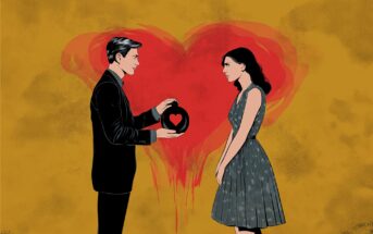 An illustrated man in a suit offers a heart-shaped box to a woman in a dress; a large red heart is painted in the background, symbolizing love or romance.
