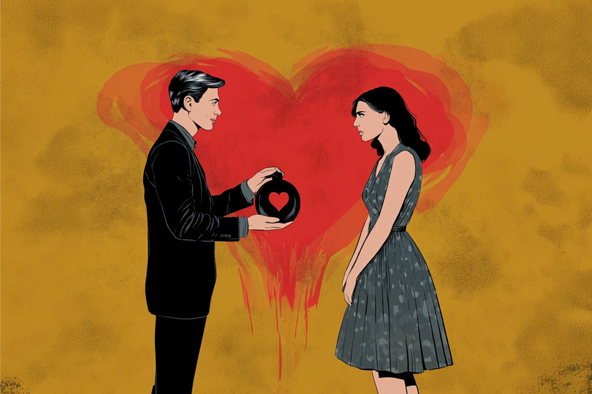 An illustrated man in a suit offers a heart-shaped box to a woman in a dress; a large red heart is painted in the background, symbolizing love or romance.