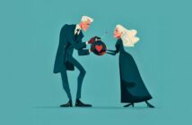 A man and woman with white hair, dressed in dark formal clothes, stand facing each other and hold a red teapot with a heart symbol, both smiling warmly against a teal background.