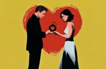 A man and woman face each other, holding a black bomb with a heart-shaped lock. A large red heart is painted behind them on a yellow background.