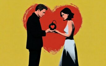 A man and woman face each other, holding a black bomb with a heart-shaped lock. A large red heart is painted behind them on a yellow background.