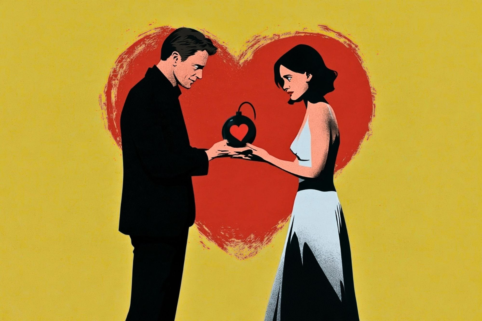 A man and woman face each other, holding a black bomb with a heart-shaped lock. A large red heart is painted behind them on a yellow background.