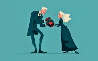 A man and woman with white hair, dressed in dark formal clothes, stand facing each other and hold a red teapot with a heart symbol, both smiling warmly against a teal background.