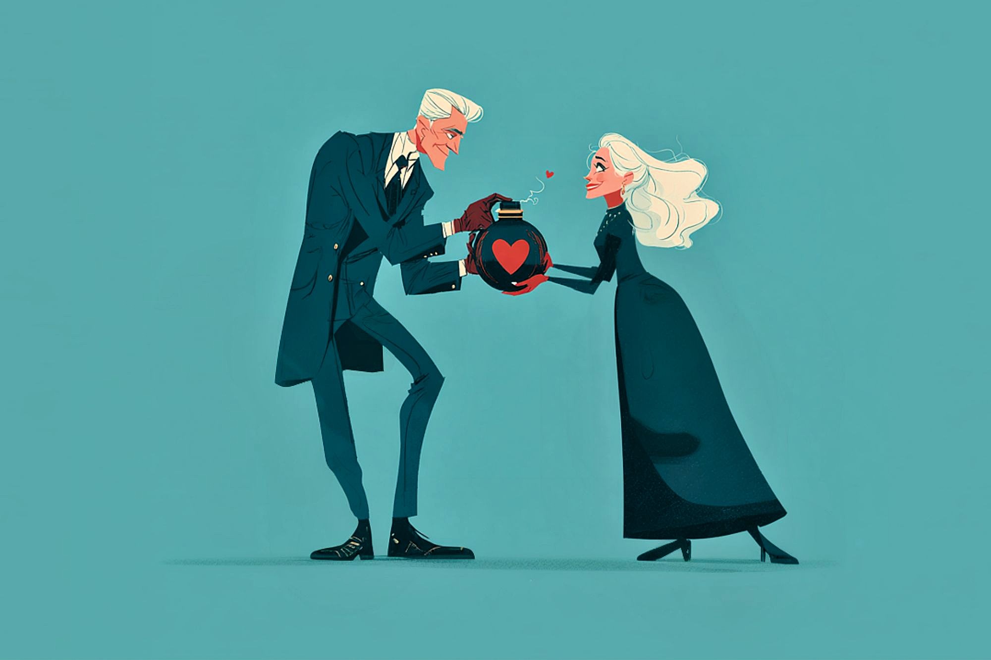 A man and woman with white hair, dressed in dark formal clothes, stand facing each other and hold a red teapot with a heart symbol, both smiling warmly against a teal background.