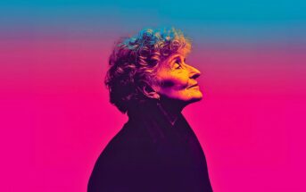 An elderly person with curly hair is shown in profile, looking upward. The image uses vibrant, gradient lighting with blue, pink, and purple tones, creating a surreal and artistic effect.