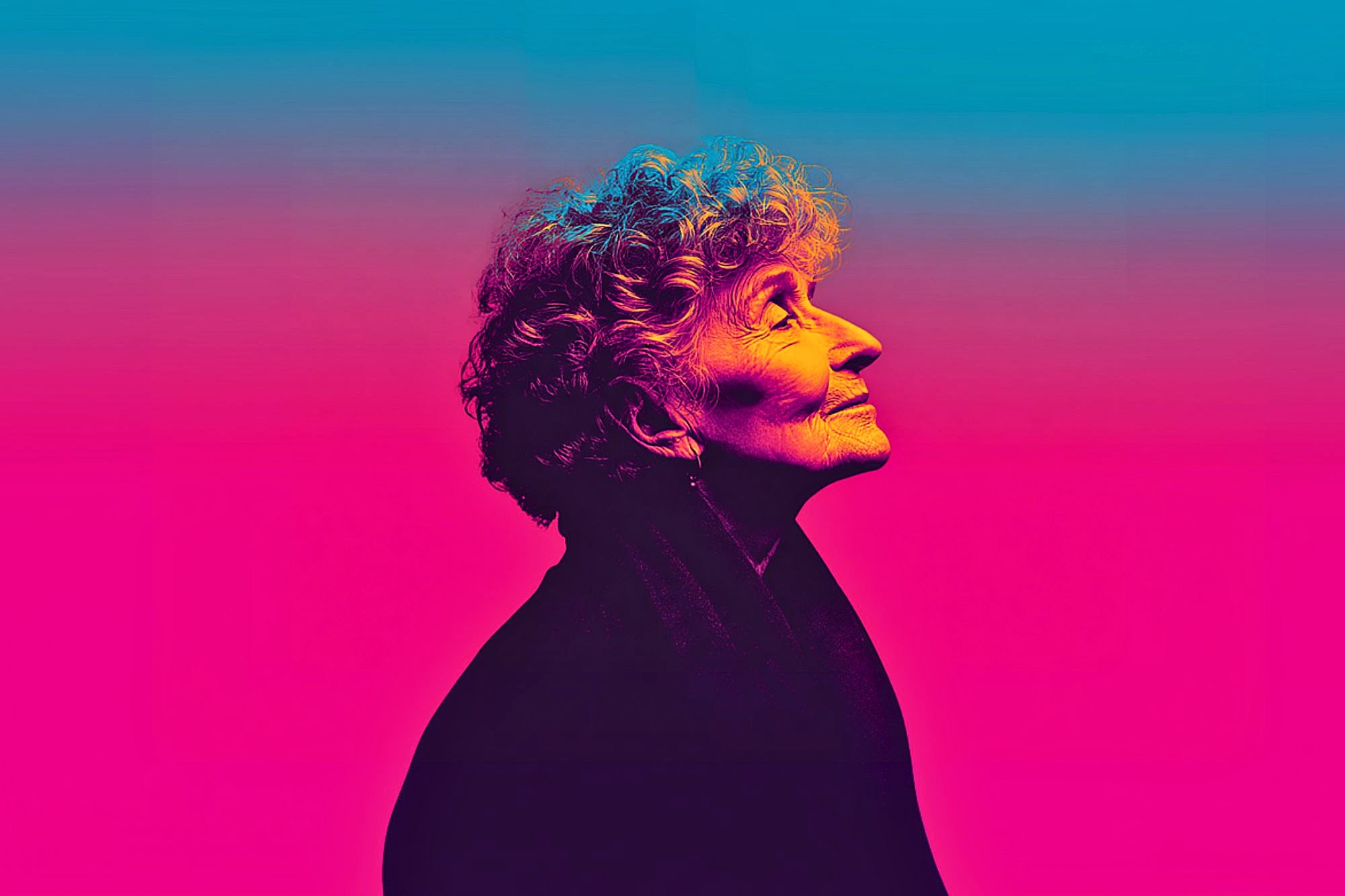 An elderly person with curly hair is shown in profile, looking upward. The image uses vibrant, gradient lighting with blue, pink, and purple tones, creating a surreal and artistic effect.