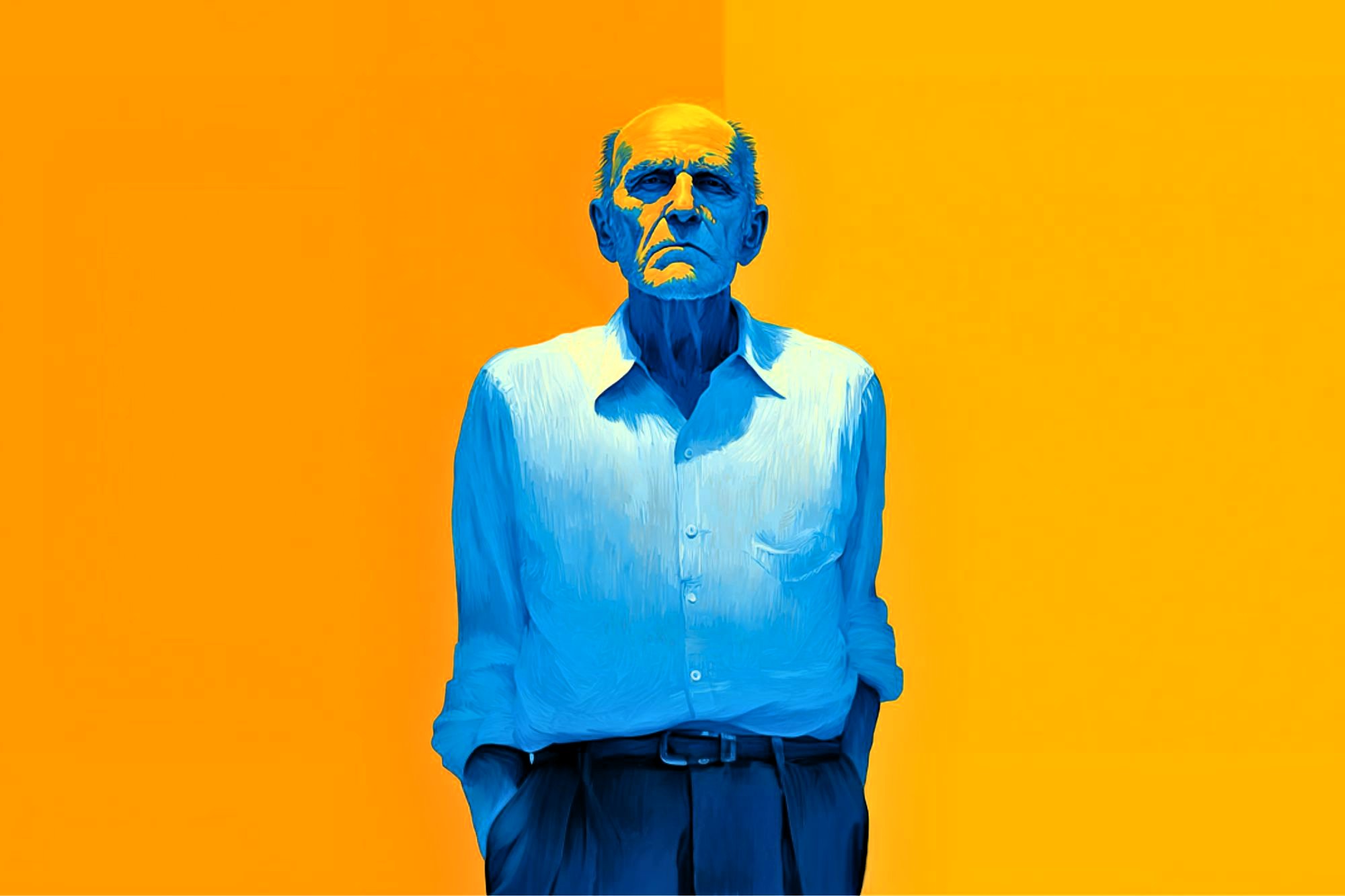 An older man with a serious expression, illustrated in shades of blue, stands with his hands in his pockets against a vibrant yellow and orange background.