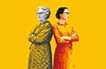 A digital illustration of an older woman and a younger woman standing back-to-back with arms crossed, both wearing glasses and dresses, on a bright yellow background.