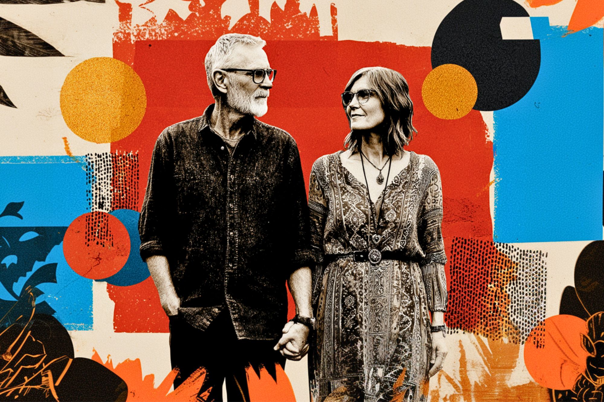 An older couple holding hands and smiling at each other stands against a colorful abstract background with bold patterns and shapes.