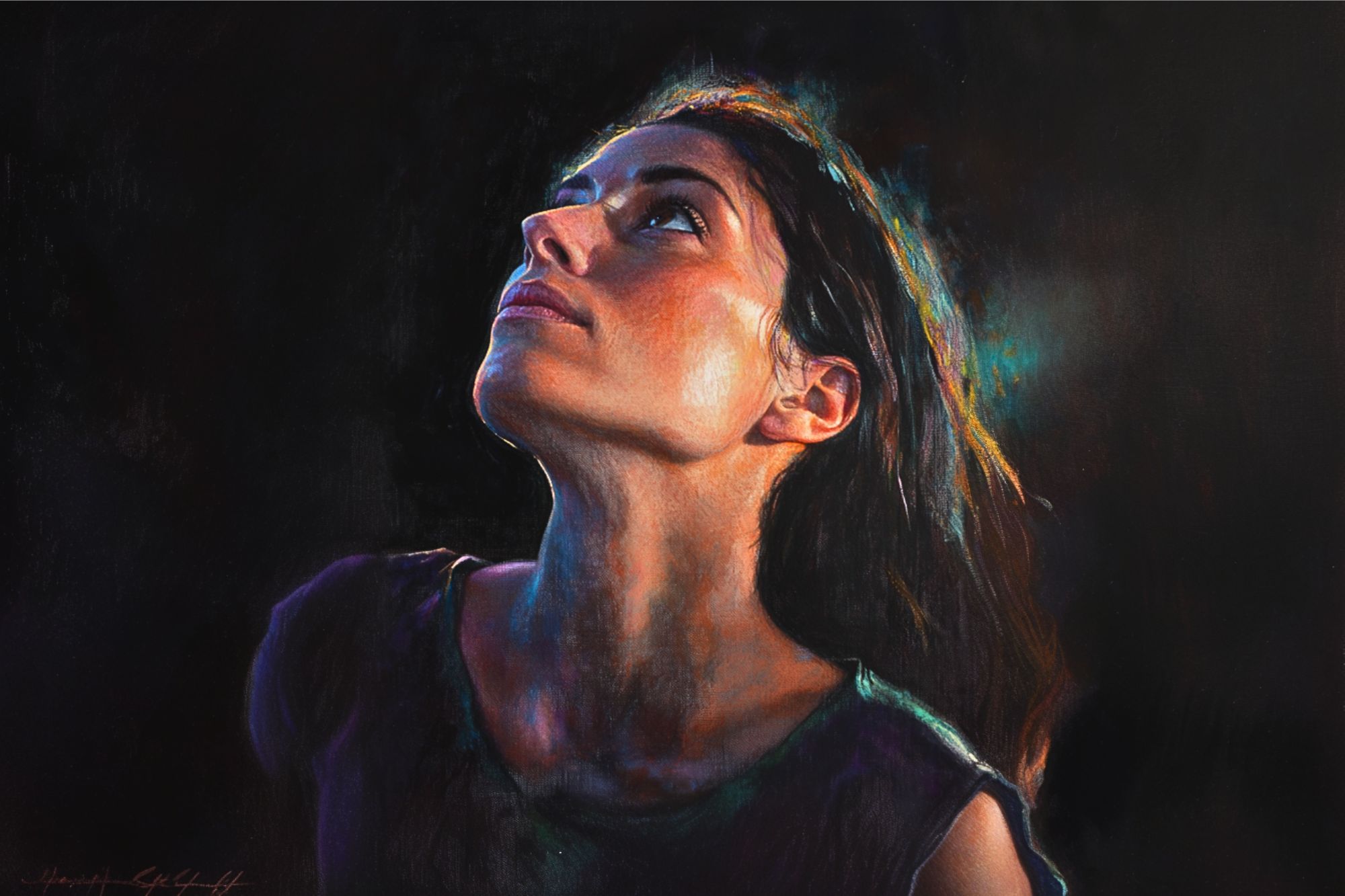 A realistic painting of a woman with long dark hair gazing upward, illuminated by dramatic, colorful lighting against a dark background. Her expression appears thoughtful or hopeful.
