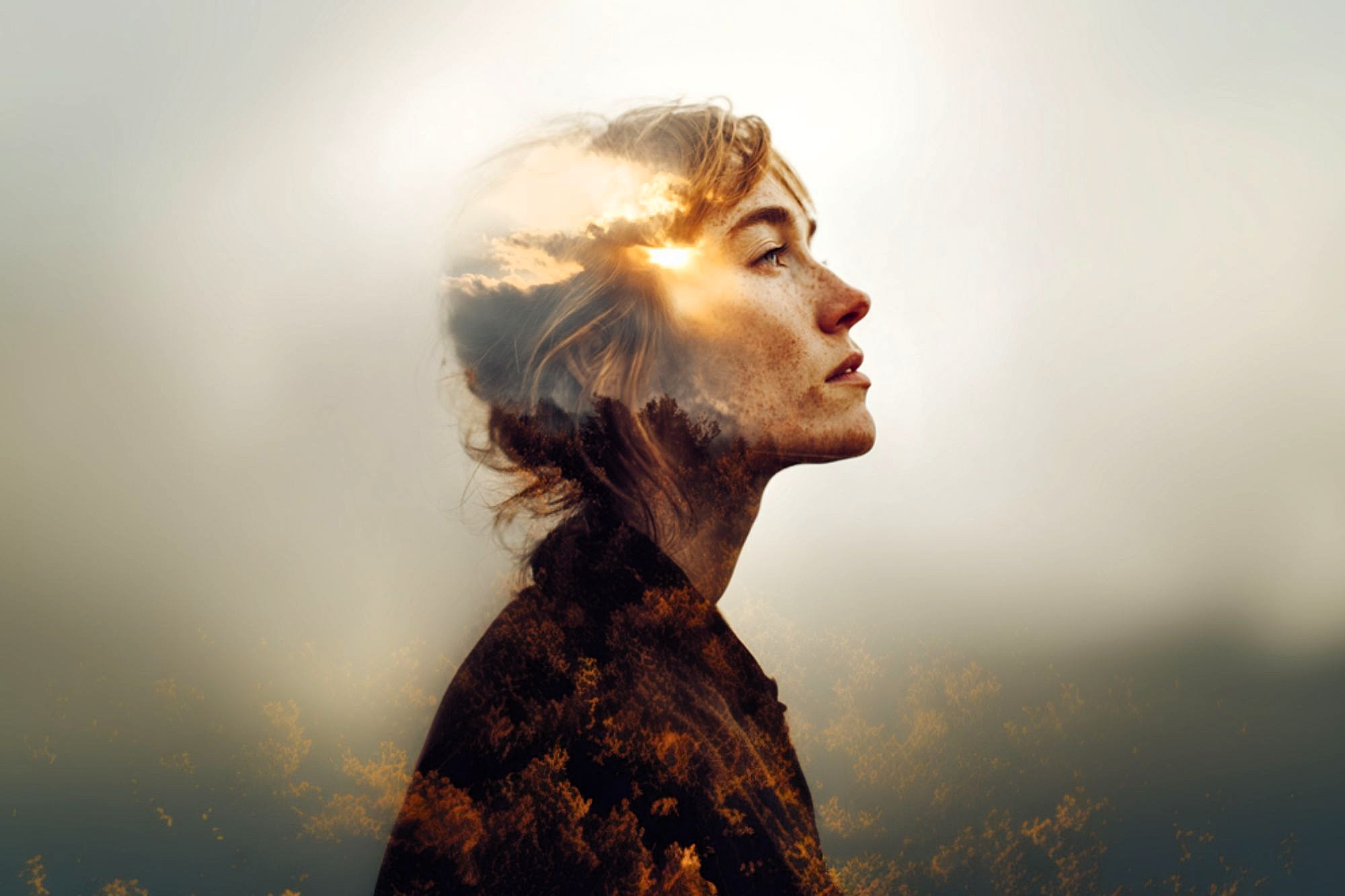 A double-exposure image of a woman in profile, looking thoughtful, with a bright sky and clouds blended into her hair and face, and a dark, wooded landscape merging into her silhouette.