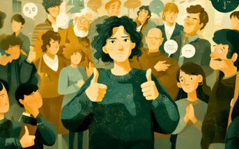 A person with curly hair stands in the center, holding both thumbs up but with an uncertain expression, surrounded by a diverse group of people reacting with mixed emotions and gestures.
