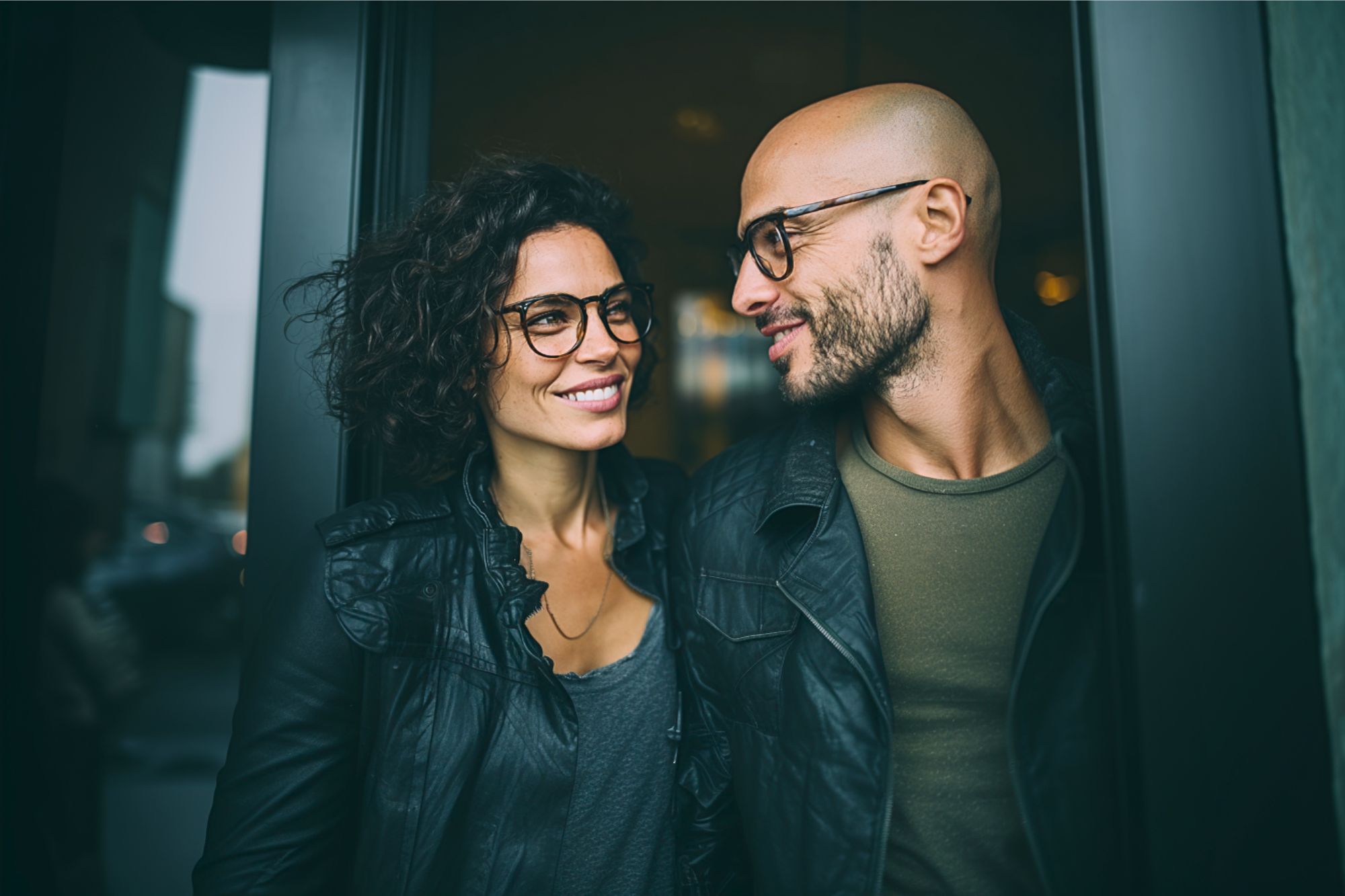 A smiling woman and man, both wearing glasses and black jackets, stand closely together in a doorway, looking at each other warmly. The background is blurred, drawing focus to their faces and expressions.