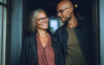 A smiling woman with gray hair and glasses stands by a doorway next to a bearded man with glasses. Both wear casual jackets and look at each other warmly in soft natural light.