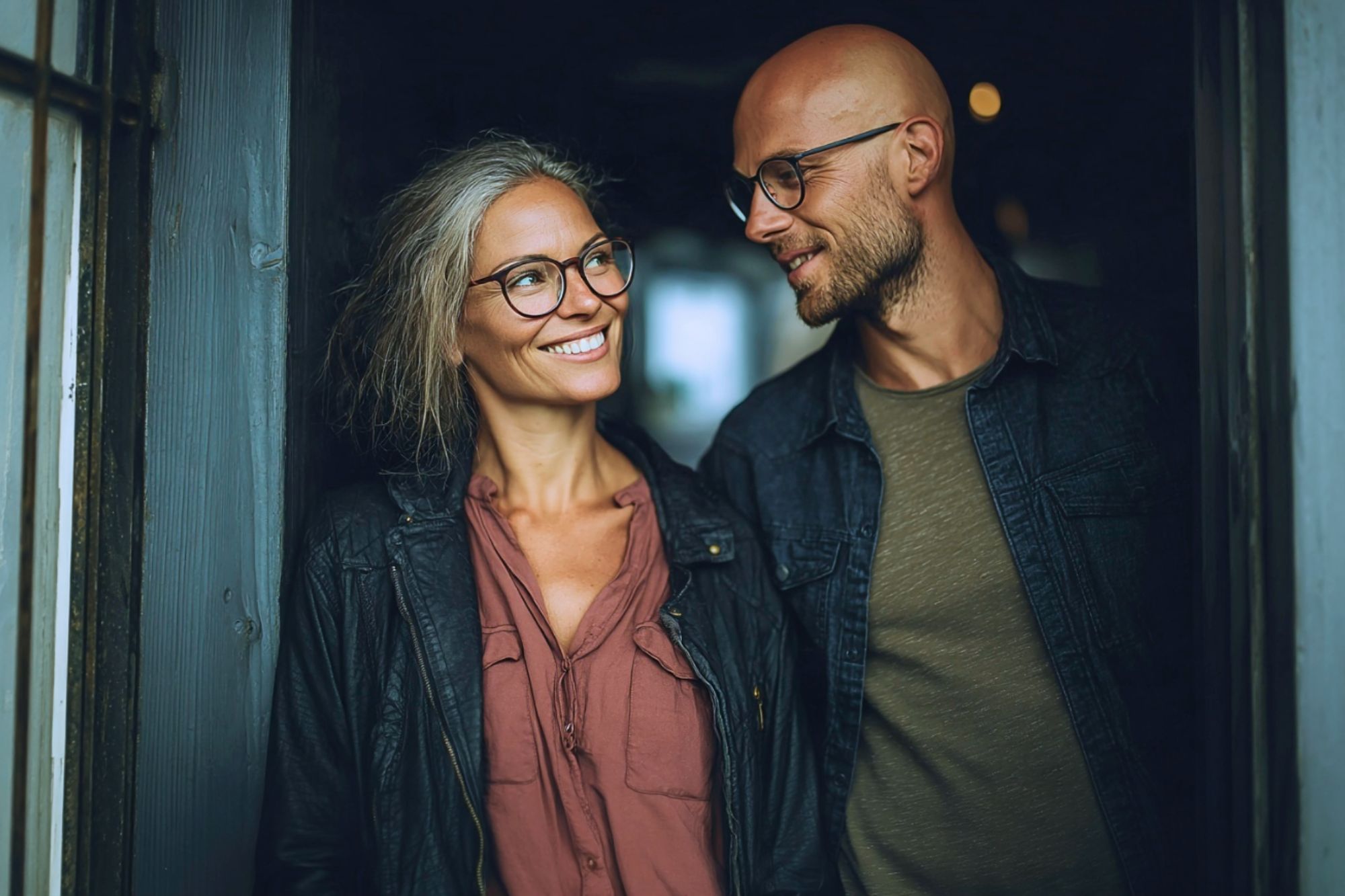 A smiling woman with gray hair and glasses stands by a doorway next to a bearded man with glasses. Both wear casual jackets and look at each other warmly in soft natural light.