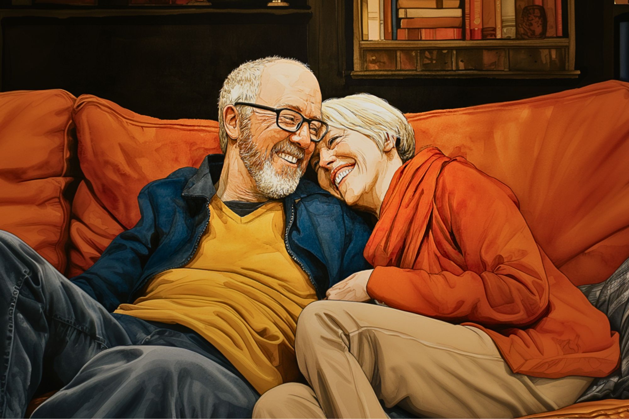 An older couple sits closely on an orange couch, smiling and leaning their heads together affectionately. Both are wearing glasses and casual clothes, surrounded by bookshelves in a cozy, warmly lit room.